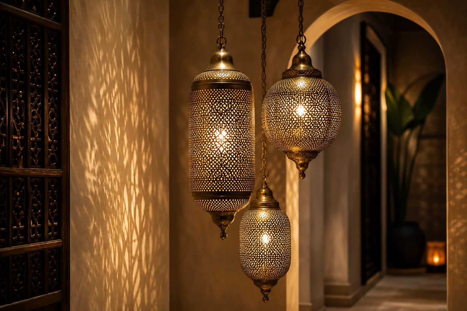 Luminaires marocains en laiton ajouré diffusant une lumière chaude