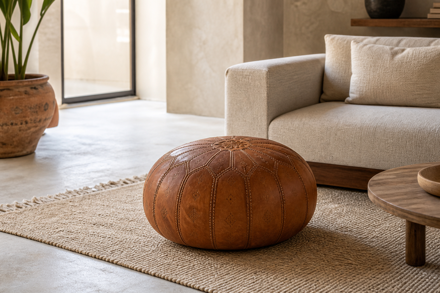 Pouf marocain rond en cuir cognac dans un salon contemporain